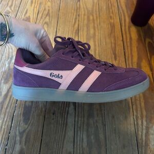 Gola Plum Suede Sneaker with Pink Stripes and Gum Sole